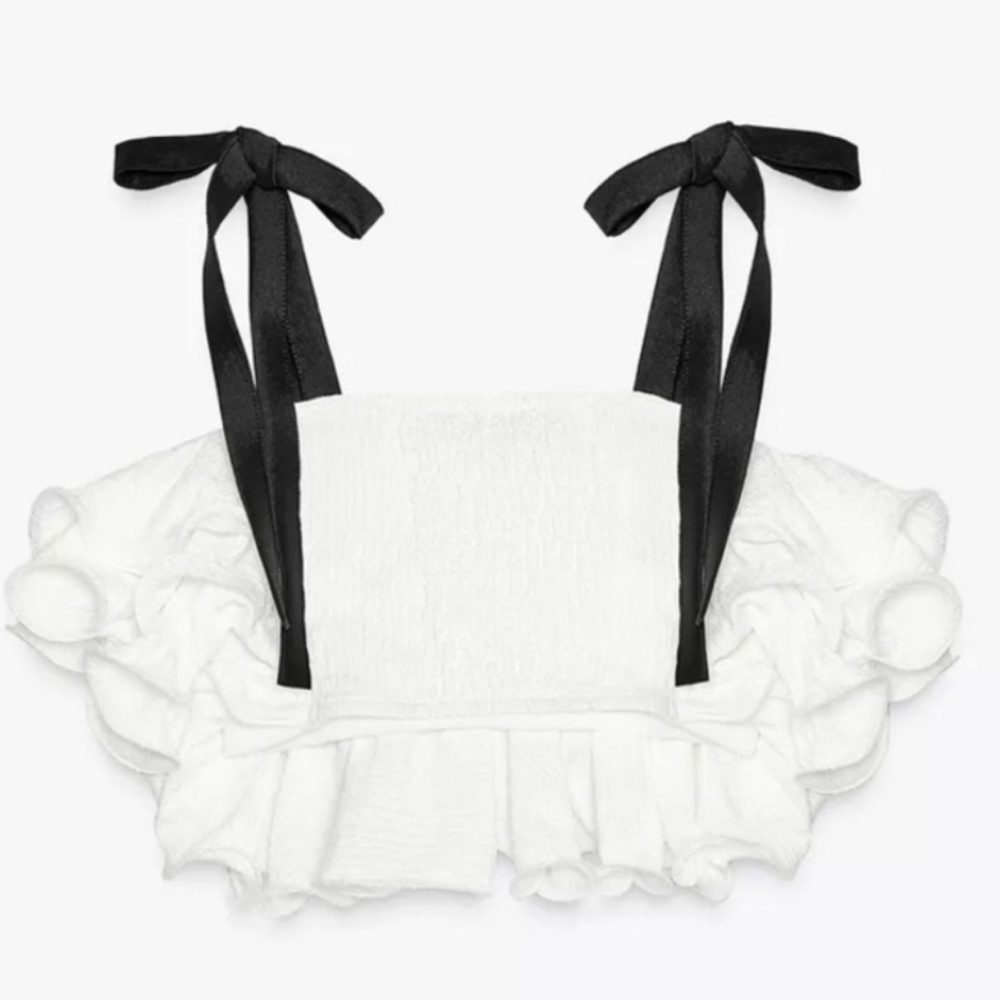 ZARA WHITE TIERED RUFFLE KNIT TOP - Picture 6 of 12